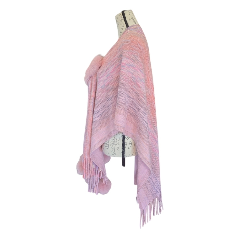 Pink Rainbow Faux Fur Pom Pom Fringe Assymetrical Poncho Wrap - Picture 6 of 7